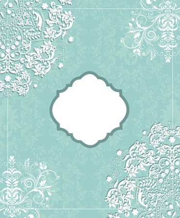 Vintage invitation card with ornate elegant retro abstract floral design, white flowers and leaves on aquamarine green background with plaque text label. Vector illustration.のイラスト素材