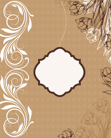 Vintage invitation card with ornate elegant retro abstract floral design, white and brown flowers and leaves on light brown mesh background with plaque text label. Vector illustration.のイラスト素材
