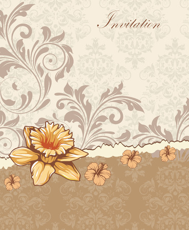 Vintage invitation card with ornate elegant retro abstract floral design, yellow orange and gray flowers and leaves on pale yellow and light brown background with text label. Vector illustration.のイラスト素材