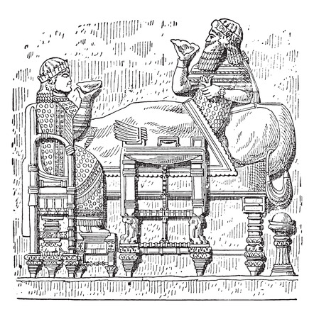 Feast of Esarhaddon king, day bed, table and chair Assyrian, vintage engraved illustration.のイラスト素材