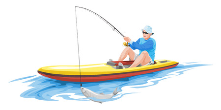 Vector illustration of man fishing on boat.のイラスト素材