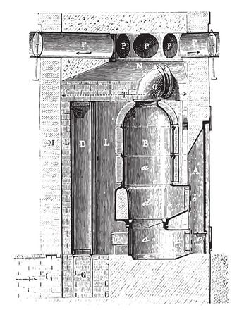 Vertical section of the cellar furnace along the line, vintage engraved illustration. Industrial encyclopedia E.-O. Lami - 1875.のイラスト素材