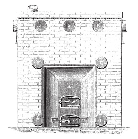 Front view of the basement furnace, vintage engraved illustration. Industrial encyclopedia E.-O. Lami - 1875.のイラスト素材