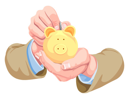 Vector illustration of hands depositing money in piggy bank.のイラスト素材