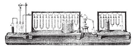 Synthetic water by the decomposition of the copper oxide by hydrogen, vintage engraved illustration. Industrial encyclopedia E.-O. Lami - 1875.のイラスト素材