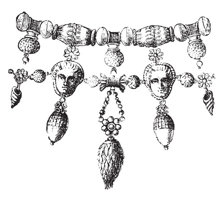 Fragment of necklace, vintage engraved illustration. Private life of Ancient-Antique family-1881.のイラスト素材