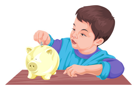 Vector illustration of boy inserting coin in piggy bank.のイラスト素材
