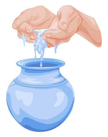 Vector illustration of cupped hands pouring water into pot.のイラスト素材