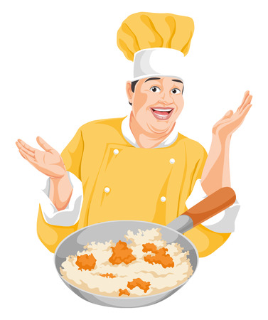 Vector illustration happy chef with food on pan.のイラスト素材