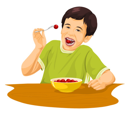 Vector illustration of boy eating grapes using fork.のイラスト素材