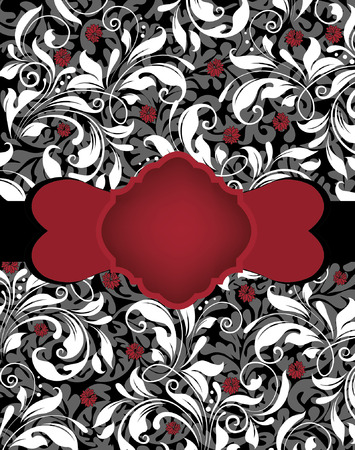 Vintage invitation card with ornate elegant abstract floral design, red and white on gray and black with ribbon. Vector illustration.のイラスト素材