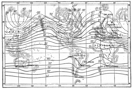 Map of isothermal lines or isothermals of winter,, vintage engraved illustration. Dictionary of...