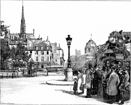 Place and Pont Saint-Michel, vintage engraved illustration. Paris - Auguste VITU â 1890.の写真素材