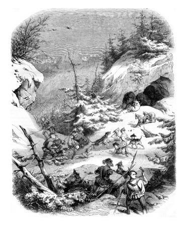 Hunting a bear, in feudal times, vintage engraved illustration. Magasin Pittoresque 1844.の写真素材