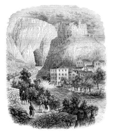 The fountain of Vaucluse, vintage engraved illustration. Magasin Pittoresque 1842.の写真素材