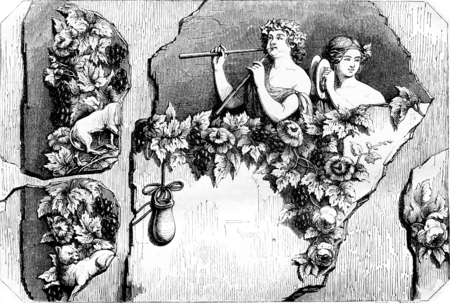 Bacchant and Bacchante, Fragment of an ancient painting, vintage engraved illustration. Magasin Pittoresque 1844.の写真素材