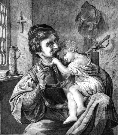 The Warrior and his son, Tire firm of Wagner consul in Berlin, vintage engraved illustration. Magasin Pittoresque 1845.の写真素材