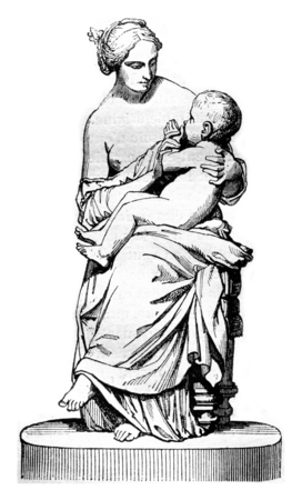 1842 Sculpture Show, Young Neapolitan woman believing her child, plaster group, vintage engraved illustration. Magasin Pittoresque 1842.の写真素材