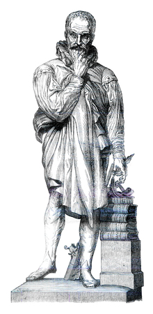 Bronze statue of Ambroise Pare, David d'Angers, vintage engraved illustration. Magasin Pittoresque 1841.の写真素材