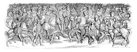 Fragment of bas-relief of the hotel de Bourgtheroulde, vintage engraved illustration. Magasin Pittoresque 1842.の写真素材