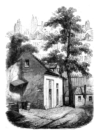 Flag or died Pascal, Neuve Saint Etienne Street, Paris, vintage engraved illustration. Magasin Pittoresque 1845.の写真素材