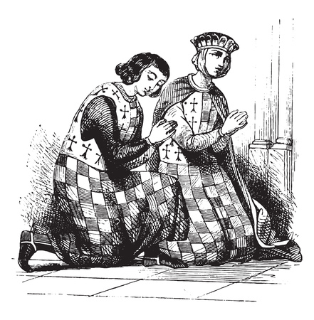 Alix and Arthur of Brittany, Costumes of man and woman has chess board, vintage engraved illustration. Magasin Pittoresque 1844.のイラスト素材