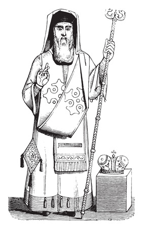 Bishop, Ecclesiastical costume Greece, vintage engraved illustration. Magasin Pittoresque 1844.のイラスト素材
