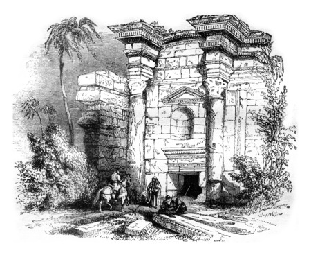 Ruins of a mausoleum, in Philadelphia, in Palestine, vintage engraved illustration. Magasin Pittoresque 1841.の写真素材