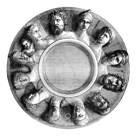 Higher bas-relief of the Altar of the Twelve Gods, discovered at Gabii, vintage engraved illustration. Magasin Pittoresque 1841.の写真素材