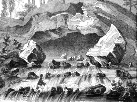 View of the source of the salghir, in Crimea, vintage engraved illustration. Magasin Pittoresque 1841.の写真素材