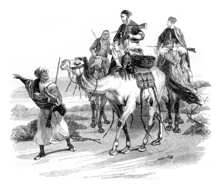 Travel in the desert by horace vernet, vintage engraved illustration. Magasin Pittoresque 1844.の写真素材