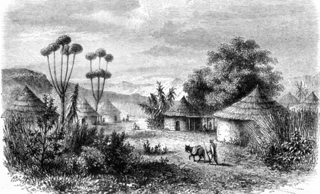 Central Africa, View of the village of Muglebu, in the country of Mousgou, vintage engraved illustration. Magasin Pittoresque 1858.の写真素材