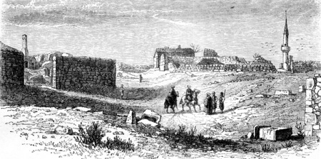 View of Kustendje, near the Danube, place of Ovid's exile, vintage engraved illustration. Magasin Pittoresque 1858.の写真素材