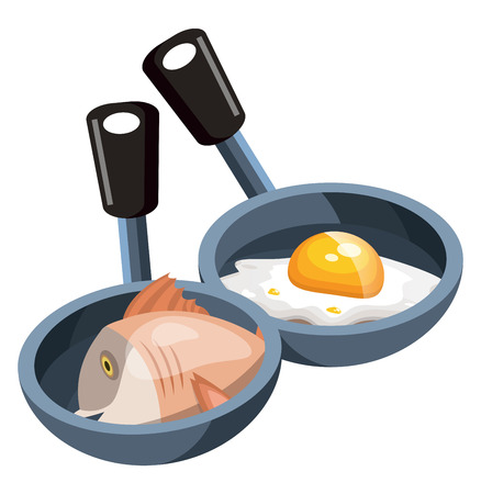 Two cooking pans one pan with  pan and eggs and other one with fish vector color drawing or illustration.のイラスト素材