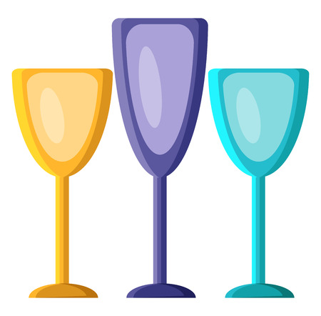 Three drinking glasses in purple yellow and blue color to drink wine or liquids vector color drawing or illustration.のイラスト素材
