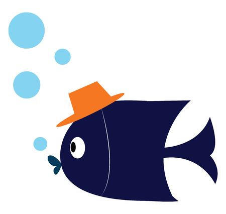 A blue fish with big eyes, orange hat and four blue bubbles, cartoon, vector, color drawing or illustration.のイラスト素材