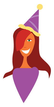 A happy lady with a purple birthday hat and purple shirt, cartoon, vector, color drawing or illustration.のイラスト素材