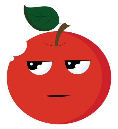 An angry red apple with sparkling eyes, green leaf and a little portion bitten, vector, color drawing or illustration.のイラスト素材