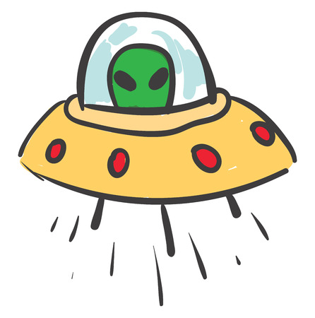 A ufo with red colored lights and green alien inside, vector, color drawing or illustration.のイラスト素材