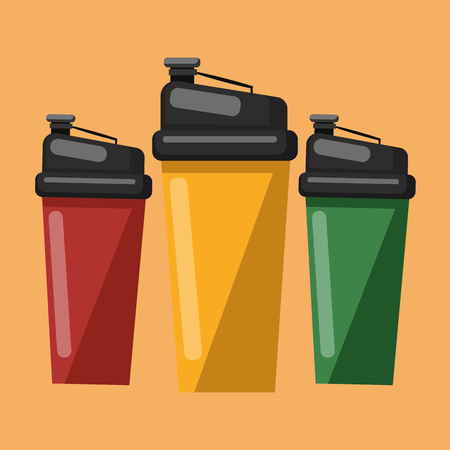 Three water sippers in red green and yellow colors to drink water or juice vector color drawing or illustration.のイラスト素材