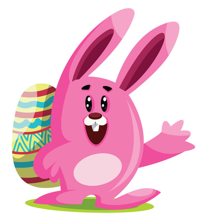 Pink Easter bunny with big ears carry an egg and waving  illustration web vector on white backgroundのイラスト素材