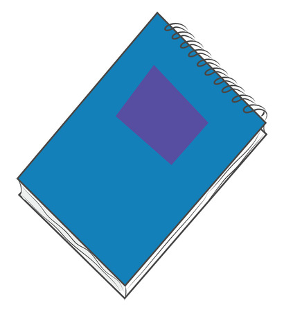 A blue notebook with a little purple rectangle shape in the front cover, vector, color drawing or illustration.のイラスト素材
