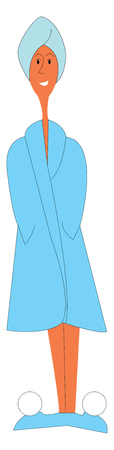 A lady in a blue bathrobe, blue towel in the head and a pair of blue bath slipper, vector, color drawing or illustration.のイラスト素材