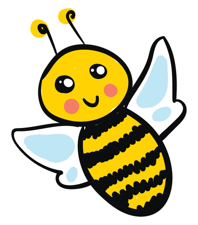 A smiling yellow bee with sparkling eyes, pink cheeks and a blue wings, cartoon, vector, color drawing or illustration.のイラスト素材