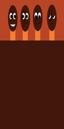 A cartoon of a 4 brown matches with 4 different face expressions, vector, color drawing or illustration.のイラスト素材