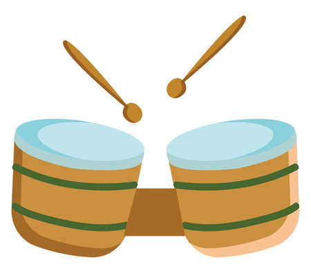 A yellow and blue colored bongo drum with two drum sticks, vector, color drawing or illustration.のイラスト素材