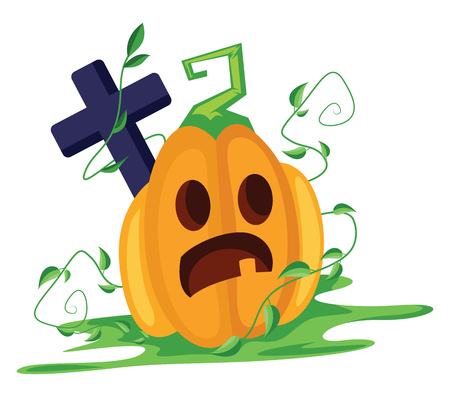 Scared orange pumpkin with blue cross on white background vector illustration.のイラスト素材