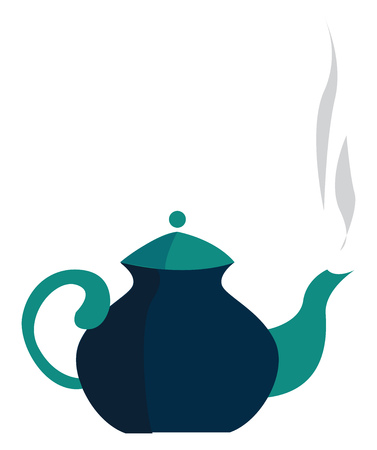 A blue and green colored teapot with a smoke coming out of the spout, vector, color drawing or illustration.のイラスト素材