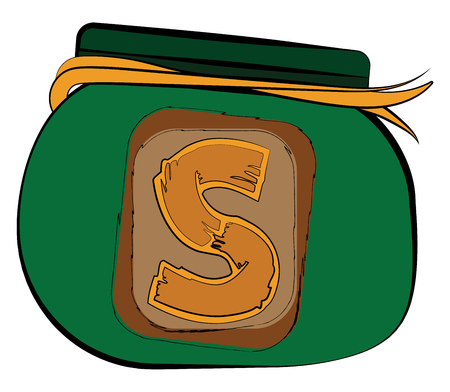 A round shaped green purse with yellow ribbon and a coin sign in the front of the bag vector color drawing or illustrationのイラスト素材