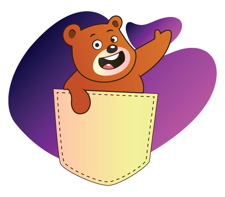 Brown bear waving from a pocket vector illustration in purple blob on white background.のイラスト素材